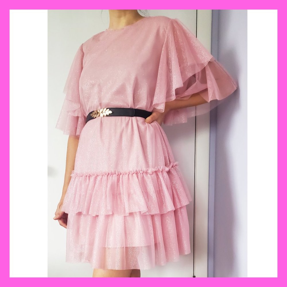 Tulle Mini Dress Ruffle Powder Pink Wedding Party Flowy Lightweight Barbiecore